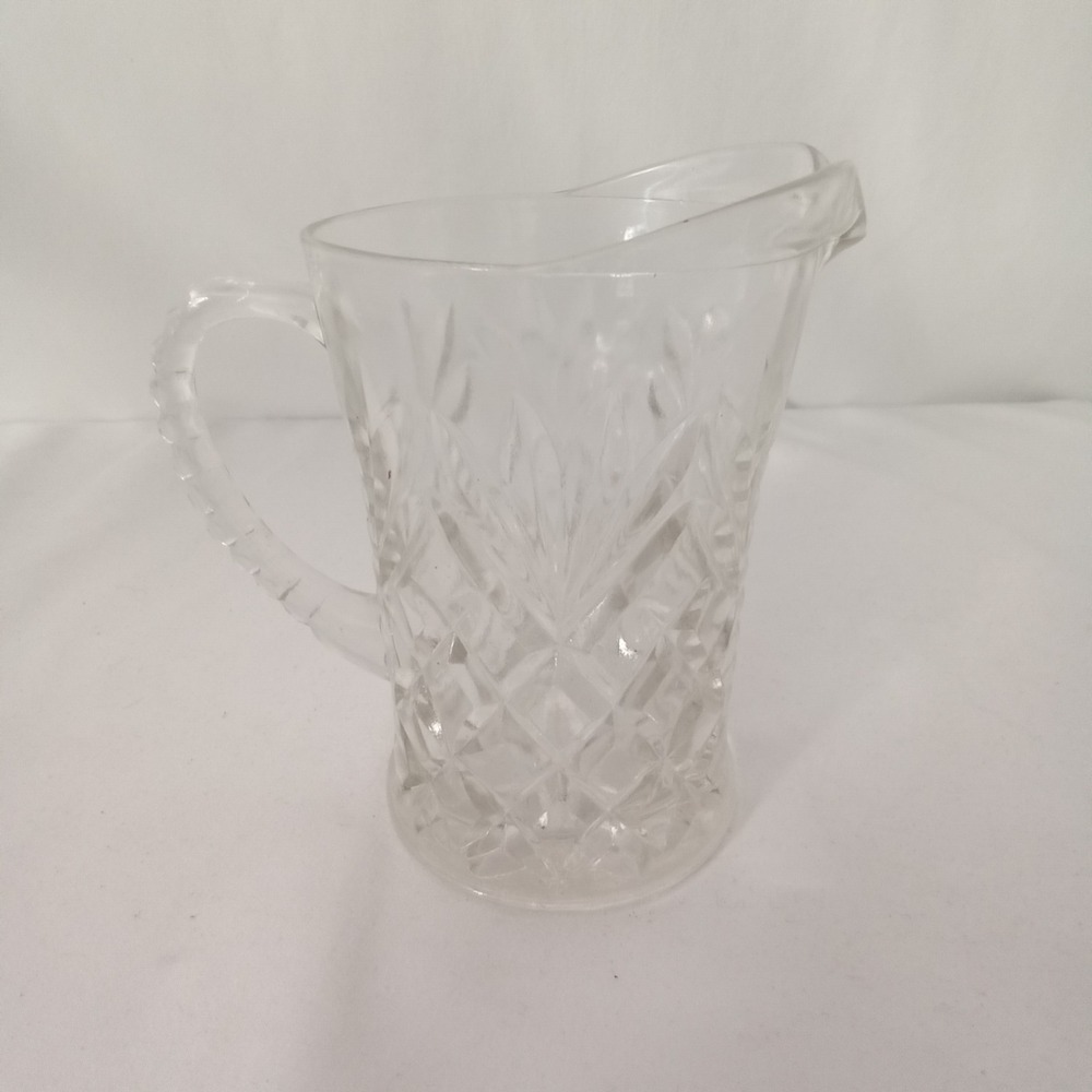 Vintage Pressed Glass Small Pitcher Creamer Diamond Leaf Pattern Clear 5 Inch